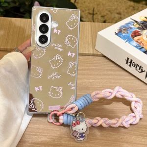 Sanrio | Luxury Makeup Mirror Line Hello Kitty Short Rope Phone Case For Samsung Galaxy Z Fold 7 6 5 4 3 Shockproof Protect Acrylic Cover