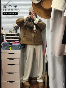 กางเกงขายาวทรงตรงผ้าขนแกะสีขาวทรงหลวมสำหรับผู้หญิงในฤดูใบไม้ร่วงและฤดูหนาว กางเกงขายาวทรงหลวมเอวสูงทรงหลวมสำหรับผู้หญิง