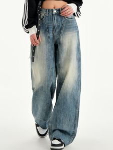 American Retro High Waist Wide Leg Denim Jeans Womens Spring Autumn Loose Drape Straight Tube Knife Edge Floor-Length Pants