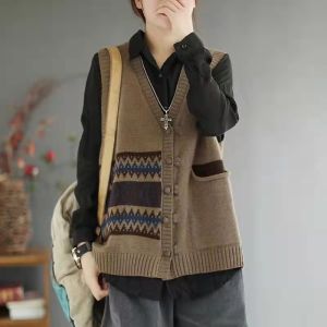 Spring Autumn Knitted Open Cardigan Vest Womens Artistic Retro Loose Versatile Woolen Sweater Vest Jacket Top