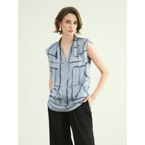 COCOBELLA Summer Visual Cooling Effect Sleeveless V-Neck Pleated Womens Shirt for Commuting OL Style Thin Print Casual Top