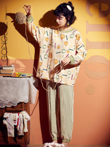 Pure Cotton Long Sleeve Sleepwear Set for Women Spring Autumn Thin Home Clothes Cartoon Cute Large Size Summer Home Suit