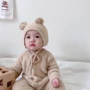 ชุดจั๊มสูทรอมเปอร์ ผ้ากํามะหยี่ ลายหมีน่ารัก แฟชั่นฤดูใบไม้ร่วง สําหรับเด็ก