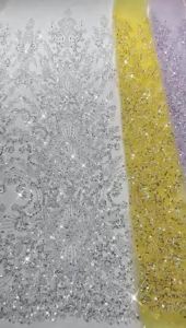 African Heavy Beaded Net Lace Fabric French Bridal Sequins Lace Fabric Luxury Nigerian Tulle Lace Fabric Couture Materie 5 Yards