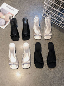 รองเท้าแตะส้นสูงปมผีเสื้อหวานสําหรับผู้หญิงรองเท้าแตะนิ้วเท้าสแควร์ฤดูร้อนพร้อมพื้นรองเท้ายางส้นละเอียดและหน้ากากผ้าไหมซาติน