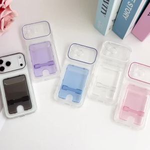 Transparent Card Holder Slot Bracket Case For iPhone 17 16 15 14 13 Pro Max Plus Wallet Folding Stand Holder Candy Color Cover