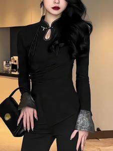 Slim Fit Black Long Sleeve Womens Top Fashionable New Chinese Design Early Autumn Trendy Style Commute Korean Version T-shirt