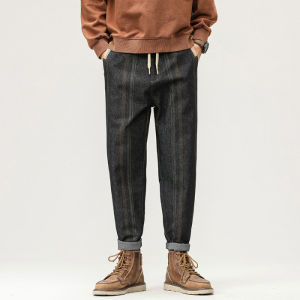 Retro Striped British Style Thin Casual Pants Straight Leg Slim Fit Khaki Japanese Style Cone Nine Points Men Summer Trousers