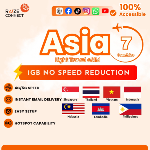 Asia 7 countries eSIM | Vietnam + Philippines Included | 1GB Light Travel Data Plan | Perfect for Short Trips | Raize Connect