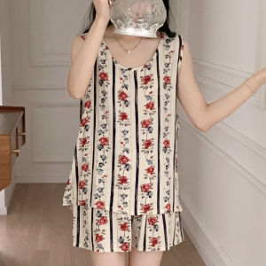 Lightweight Loose Sleeveless Cotton Silk Sleepwear Womens Summer Home Clothes Set Artificial Cotton Student Outfit Large Size