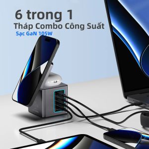 Trạm Sạc Đa Năng 6 Trong 1 105W Kèm Cáp USB-C Thu Gọn Sạc Nhanh Đa Thiết Bị Cho iPhone Ai Và Nhiều Hơn Nữa