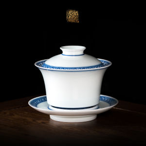 JiuTing SanCai Cover Cup White Porcelain Tea Bowl Hand-Painted Blue And White Non-Scalding Single Tea Cup from Jingdezhen
