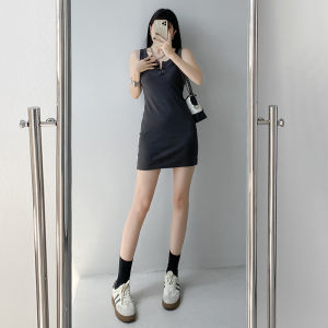 Slim Fit Sleeveless Back Split Vest Dress Womens Button Half Unbuttoned mid Length Base Long Dress Cotton Polyester Blend