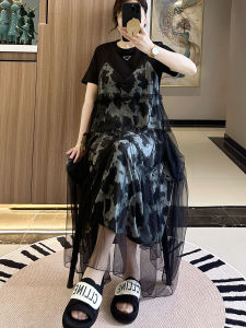 Summer 2025 Large Size Womens Fashionable Leopard Print Mesh Long Dress Midi A-Line Skirt Short Sleeve round Neck Dress