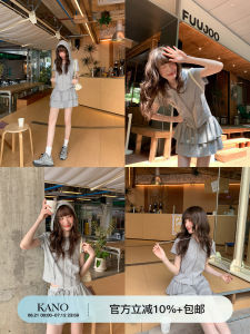 Gray Zip Short Sleeve Flared Skirt Set