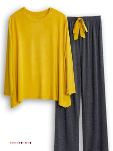 ชุดนอนผู้หญิง Modal แขนยาว คอกลม หลวมๆ ลำลอง ชุดโยคะ ไซส์ใหญ่ ชุดอยู่บ้าน ชุดนอนฤดูใบไม้ผลิและฤดูใบไม้ร่วง