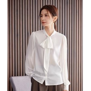 WANGGONGZHU | Silk Satin Womens Shirt Butterfly Knot Sash Design Summer New Style Princess Commute Style Straight Cut Long Sleeve Pure Color
