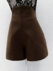 High Waist Thickened Woolen Short Pants for Women Zipper Commute Wide Leg Pants Black Casual Trousers Spring Autumn Wear