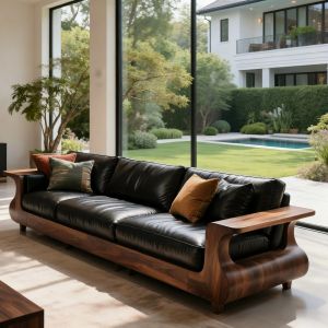 New Chinese Style Solid Black Walnut Wood Sofa Straight Row Designer Model Luxury Sofa High Density Sponge Filling