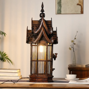 โคมไฟตั้งโต๊ะรูปกรงนกแกะสลักไม้สไตล์รีโทรเอเชียตะวันออกเฉียงใต้ สำหรับห้องนั่งเล่น-ห้องนอน แต่งบ้าน ไฟบรรยากาศ