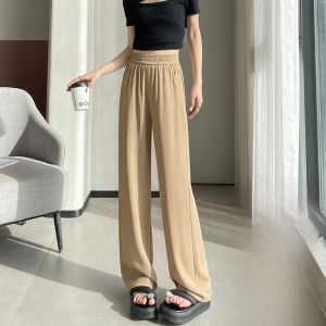 LANGPIN | Green Ice Silk Wide Leg Pants Womens Draped Slimming Suit Trousers Floor-Length Summer Elastic High Waist Casual Pants