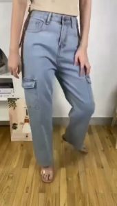 Celana wanita High waist cargo loose denim pants korean style size 26-35 super jumbo