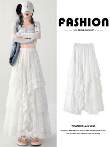 Miiow | Cat Lady Lace Semi-Long Skirt Womens High Waist Slimming Drop Waist Cake Skirt Sweet Princess Style Polyester Fiber 2025 Summer