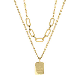 Double Layer Letter Pendant Necklace Womens Luxury Minimalist Square Tag Lockbone Chain Gold Color out Fashion Jewelry