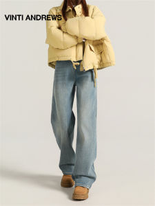Fleece-lined Light-colored Denim Pants Wide Leg