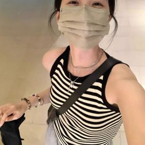 HUOLISI | Knitted Black-and-White Striped Halter Top No Sleeve French Style