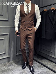 Business Casual Double-breasted Vest Set Spring Autumn Mens Handsome Best Man Suit Brother Outfit Polyester Blend Slim Fit