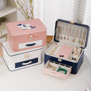 New Advanced2-Layer PU Leather Large Display Jewelry Box Organizer for Rings and Earrings Gift Box for Jewelry Storage with Lock