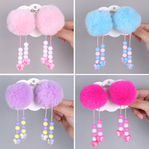 2Pcs Pom-Pom Hairpins Cute Fluffy Ball Hair Clips With Butterfly Beads Dangle Barrette For Girls Children Headwear Accesories