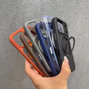Matte Rotating Bracket Holder Magnetic Phone Case For iPhone 17 16 15 14 13 Pro Max For Magsafe Ring Stand Shockproof Back Cover