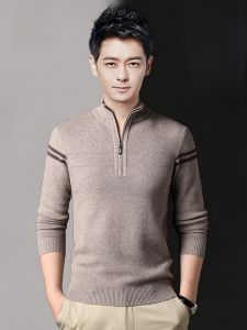 ROMON | Lormen Mens Knitted Sweater Winter Thick Warm Base Layer Shirt Half Zipper Pure Wool Business Casual Fashion City Style Long Sleeve Slim Fit