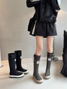 Retro Thick Bottom Red Outdoor Mid-Calf Womens Boots Camping Waterproof Long Boots Rain Boots Casual Style round Toe mid Heel