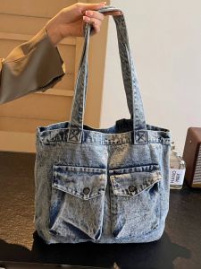 Retro Denim Large Capacity Womens Shoulder Bag with Zipper Multi-Pocket Commuter Tote Bag Durable Foldable Soft Handbag