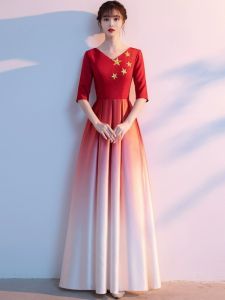 Elegant Red Song Recitation Womens Long Skirt Performance Costume Slimming Style Host Conductor Ceremony Dress Floral A-Line