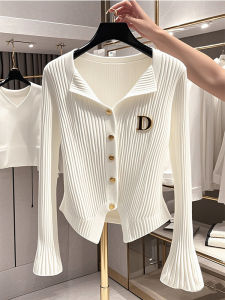 Fall Sweet French Style V-Neck Knitwear Womens Irregular Bell Sleeve Open Cardigan Design Sense Top Polo Collar Pure Color