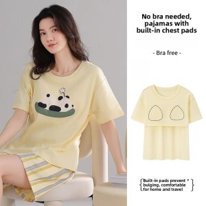 Miiow | Pure Cotton Summer Lightweight Short Sleeve Sleepwear Set Casual Womens Home Clothes Short Pants Round Neck Comfortable Breathable