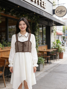 Váy Dài Cạp Cao Kiểu Nhật Bản Thanh Lịch Bộ Đồ Hai Mảnh Váy Dài Dây Đeo Cổ Điển Váy Dài Thu Đông Vải Polyester Cotton