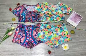 Bộ Bikini Nữ 2 Mảnh Quần Đùi Cạp Cao Aó Crop Dây Rút Bin Sports BHV139