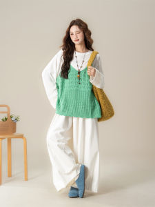 SHANGWEILUO | Áo Camisole Len Xanh Thêu Khoét
