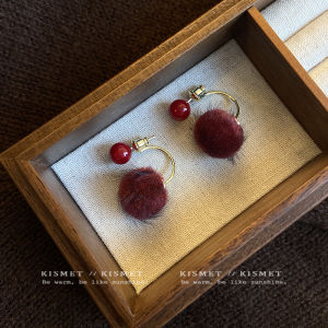 Elegant Womens Red Ball Ear Studs 925 Silver Needle Retro High-End Fashion Jewelry Fresh out Handmade Alloy Geometric Shape