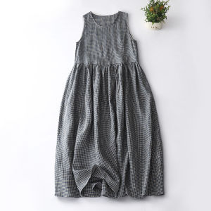 Váy Midi Cotton Lanh Dáng Chữ a Không Tay Họa Tiết Kẻ Caro Phong Cách Nhật Bản Đơn Giản Thoải Mái Mùa Hè Váy Chữ a Cạp Rộng