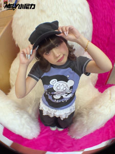 NELY Y2K Bear Contrast Short Sleeve T-Shirt Womens Summer Slim Fit Short Length Top Sweet Cool Style Creative Print Cotton