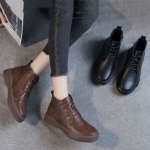 FECHENG Genuine Leather Women Autumn Winter Short Boots Ladies Fashion Leather outdoor cold-proof warm boots Inner Heightening Martin Boots