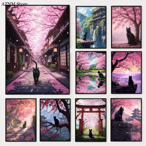 Jigsaw Puzzle 1000Pieces Black Cat Cherry Blossom Tree Japan Sakura Artwork Stress Relief Puzzle Wall Art Decor Gift