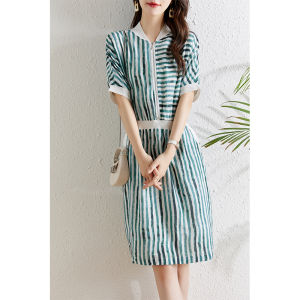 Summer OL Style Splice Design Stripe Chiffon Dress Womens Short Sleeve mid Waist Slimming A-Line Skirt Fashionable Business Women Dress