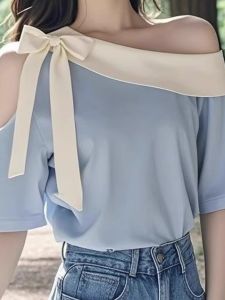 Korean Style Fashionable T-Shirt Womens Summer 2025 New Versatile High-End Feelings Shoulder Bared Short Sleeve Butterfly Knot Top